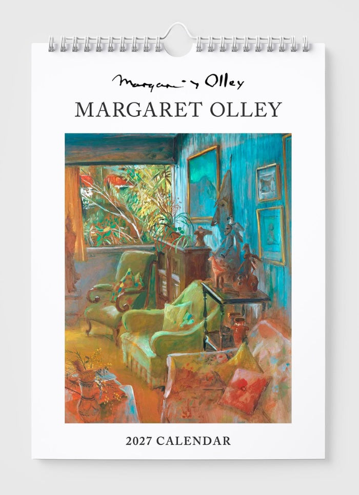 Calendar cover featuring a painting of a room with furniture and artwork, by Margaret Olley.