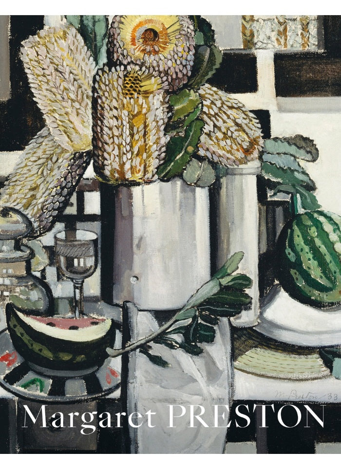 Artistic depiction of a still life scene with flowers and fruit, featuring the name Margaret Preston.