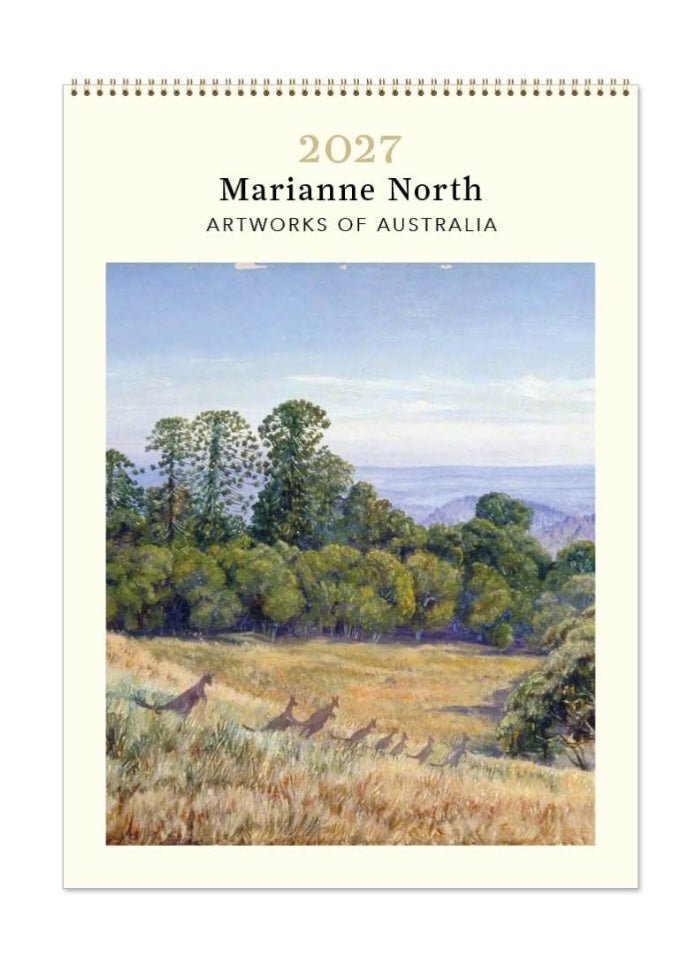 Calendar cover with a painting of a landscape featuring trees and animals, titled '2027 Marianne North Artworks of Australia'.
