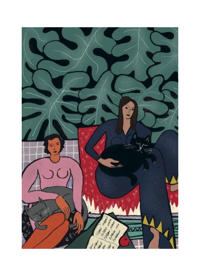 Illustration of two people sitting on a couch with cats, surrounded by leafy green plants.