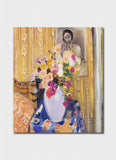 Artistic depiction of a woman with flowers in a room with yellow curtains.