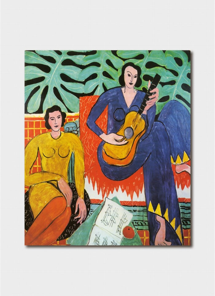 Colorful painting of two women with a guitar against a leafy green background