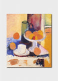 Still life painting with fruits and a bottle on a table