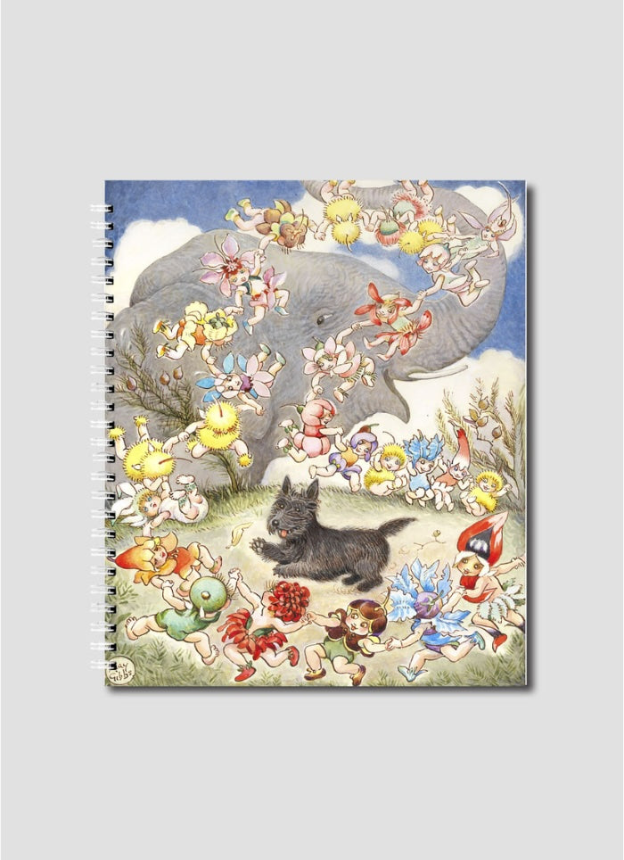 Notebook cover with colorful illustration of fairies and an elephant on a gray background