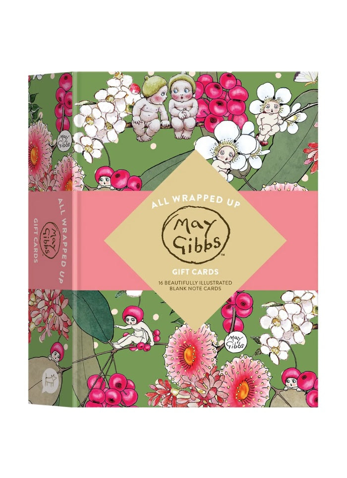 May Gibbs gift card set with floral and character design on a white background