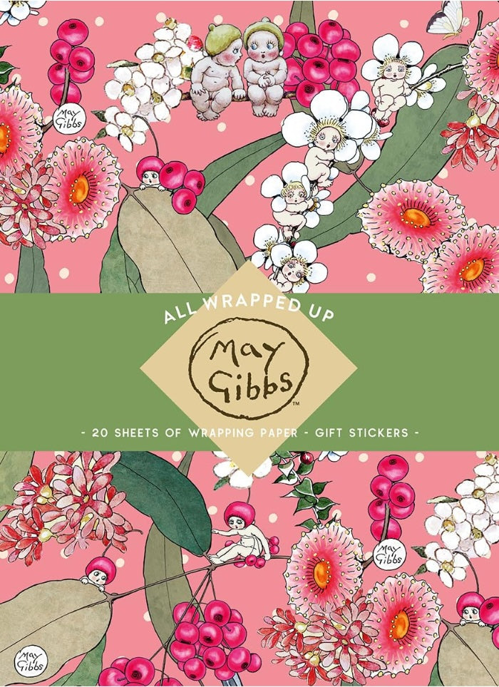 May Gibbs wrapping paper set with illustrations of children and flowers on a pink background