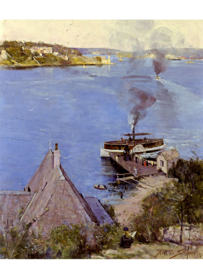 Art Card -  Arthur Streeton's From McMahon's Point Fare One Penny Impressionist-style painting of a harbour scene with a steamboat emitting dark smoke beside calm blue water, with buildings, trees, and distant shoreline visible.