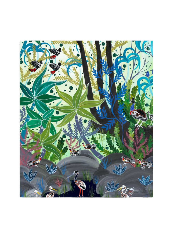A square art print featuring a whimsical, stylized jungle scene with birds, tropical leaves, and abstract foliage in green, blue, black, gray, and pink tones, centered on a white background.