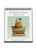 2027 desk calendar by Michaela Laurie with a bird on a hat and books design.