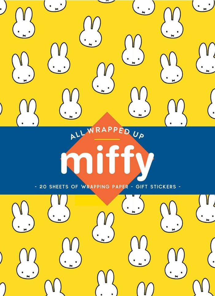 Packaging of wrapping paper and gift stickers with miffy character on a yellow background