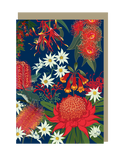 Floral design with red, white, and orange flowers on a blue background