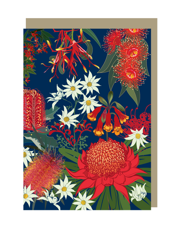 Floral design with red, white, and orange flowers on a blue background