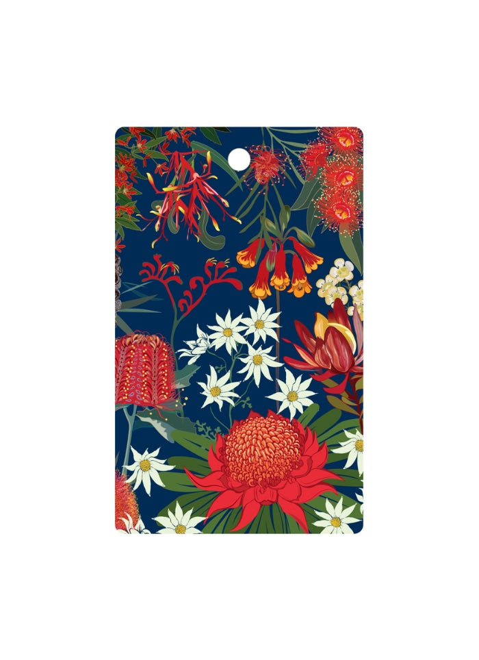 Floral design with red and white flowers on a blue background