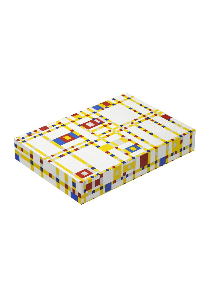 Colorful geometric patterned box on a white background
