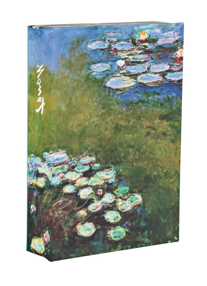 A rectangular box featuring a Monet water lily painting on the front and spine, photographed on a plain white background.