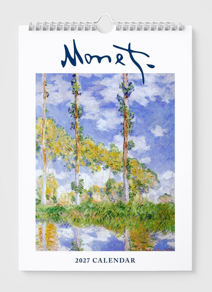 2027 calendar with a painting of trees and sky by Monet on a white background