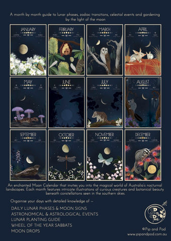 Calendar with monthly illustrations of nature and celestial events on a dark background