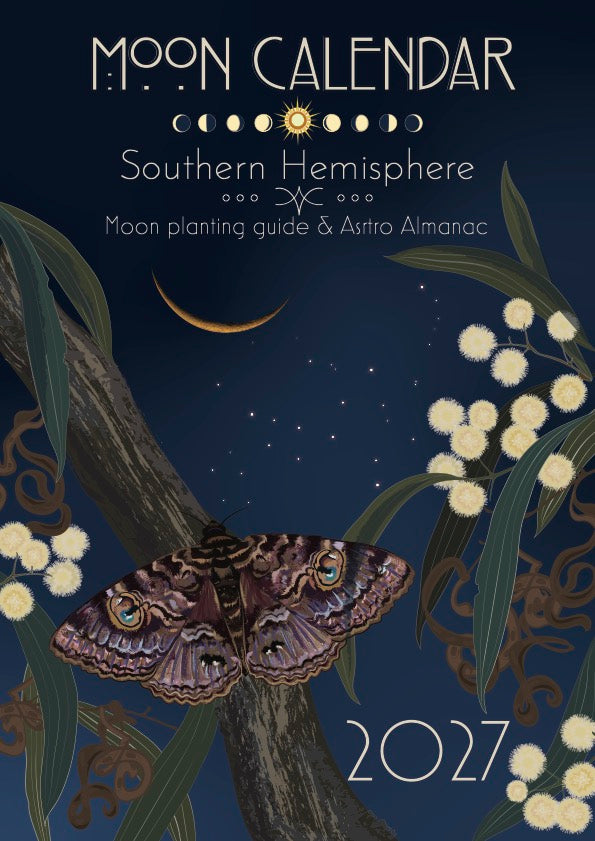 Moon Calendar 2027 Southern Hemisphere edition, featuring a dark navy night sky with moon phases, stars, a crescent moon, a butterfly on a tree branch, and white flowers.
