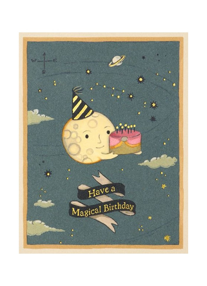 Card with a moon character celebrating a birthday, surrounded by stars and clouds.