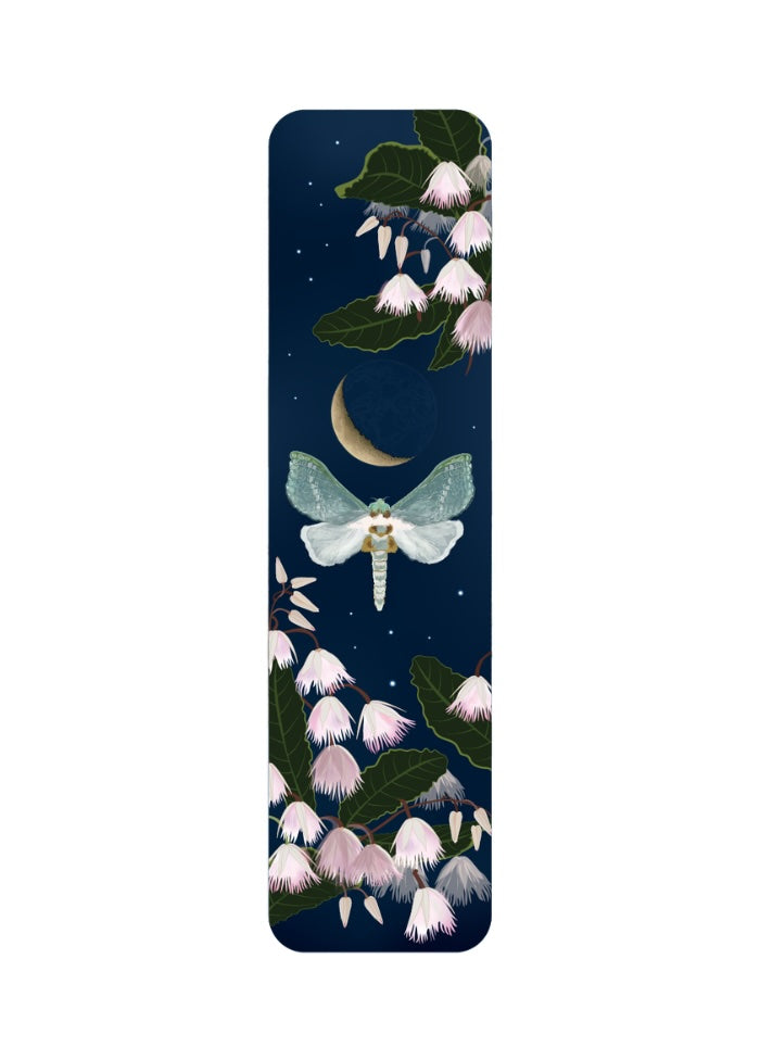 Bookmark with a design of a moth, flowers, and a moon on a dark blue background