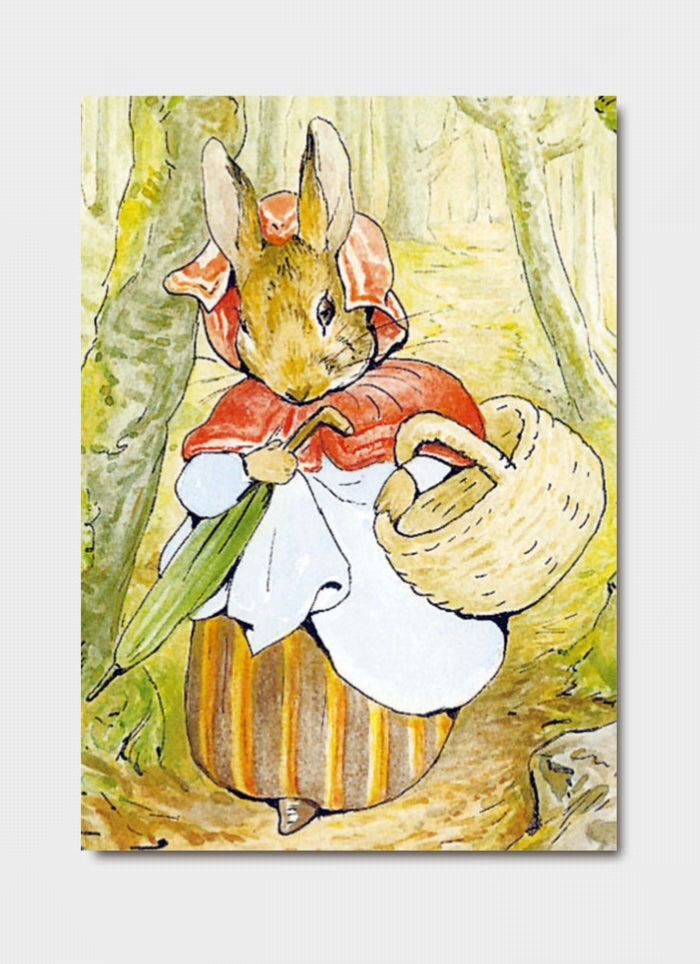 Illustration of a rabbit character holding a basket in a forest setting