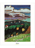 Artistic depiction of a landscape with trees and people, featuring the name Gabriele Munter on a white background.