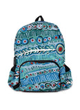 A backpack featuring a vibrant, hand-drawn style pattern in shades of blue, teal, green, and red, with white fish skeleton details across the front. The backpack has a black top handle, black side straps, and a black front zipper pocket.