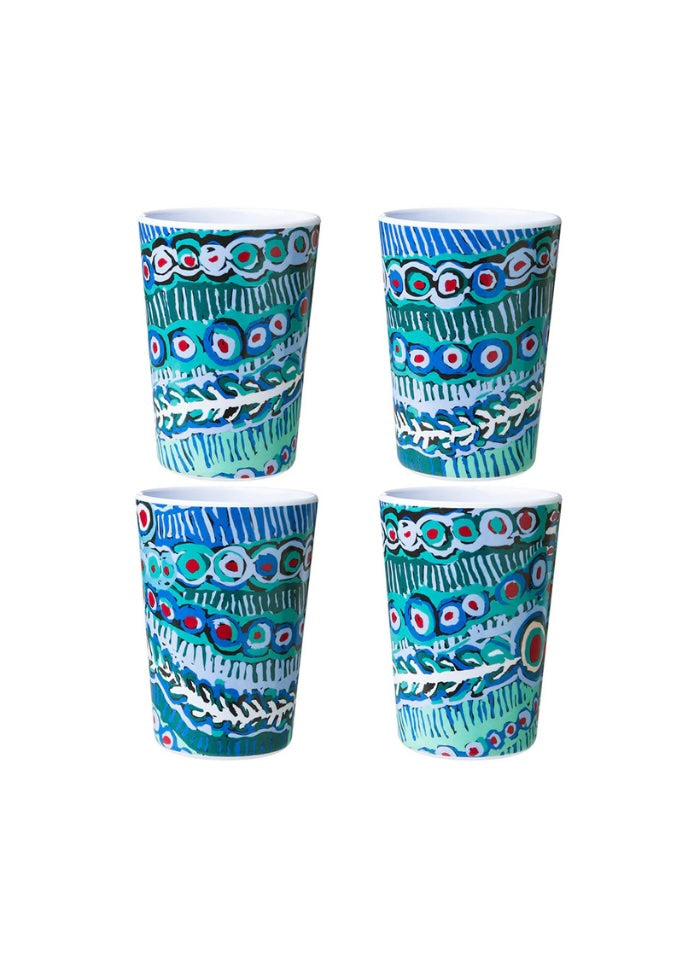 Four colorful cups with patterned design on a white background