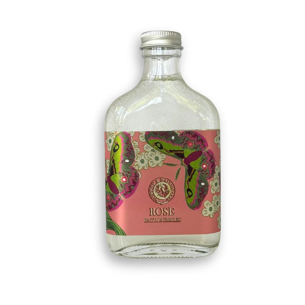Bottle with a colorful label featuring butterflies on a white background