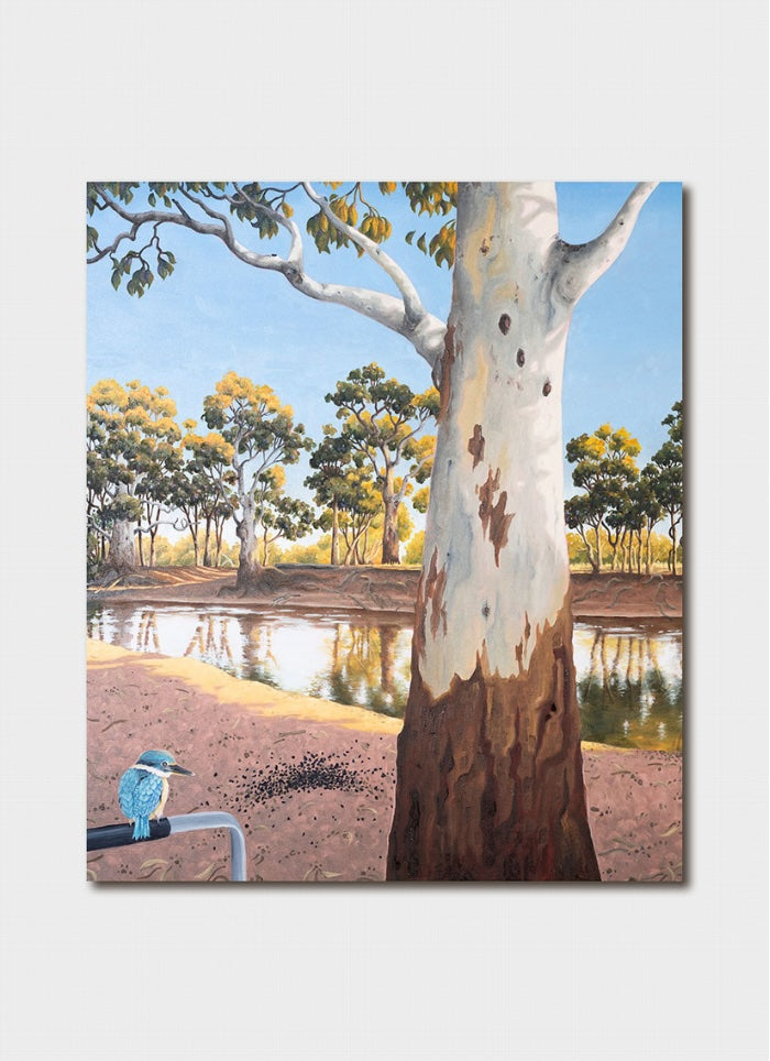 Painting of a kingfisher perched on a branch with a tree and water body in the background