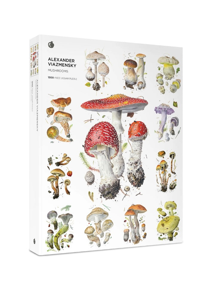 Puzzle cover with illustrations of mushrooms on a white background