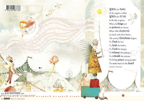 Illustrated book page with a angelic figure, landscape, and text on a white background