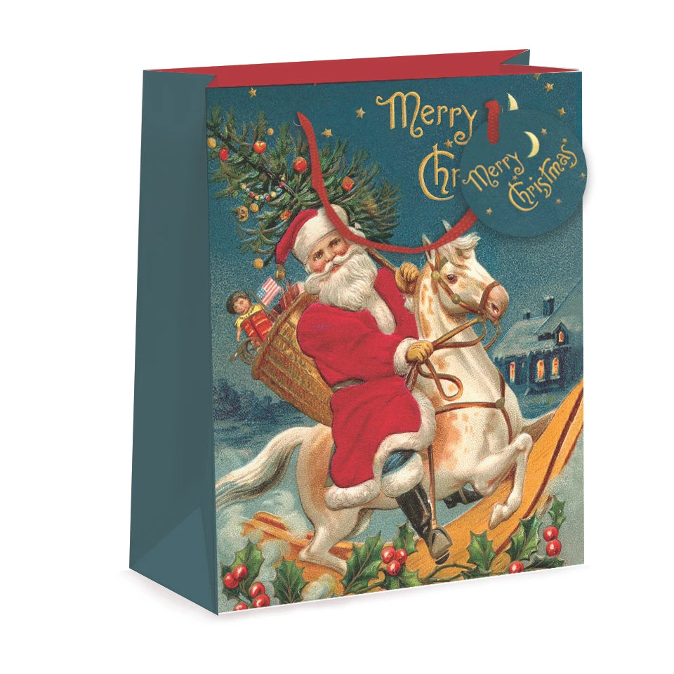 A gift bag with Santa on a rocking horse