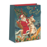 A gift bag with Santa on a rocking horse