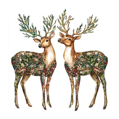 2 reindeer with antlers with leaves and decorations.