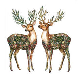 2 reindeer with antlers with leaves and decorations.