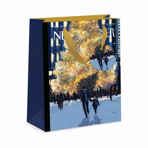 A blue bag from The New Yorker with a gold tree and adult and child walking.