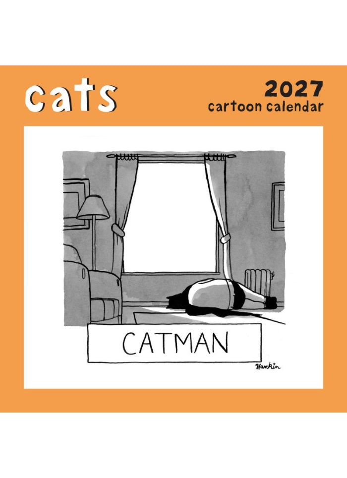 Calendar cover with cartoon of a cat lying on a couch labeled 'Catman' and text 'cats cartoon calendar 2027'.