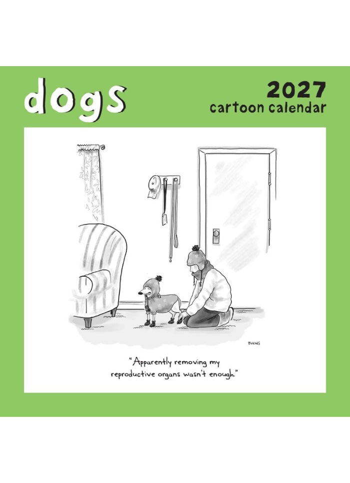 Front of the New Yorker Dogs calendar with a cartoon of a person and a dog.