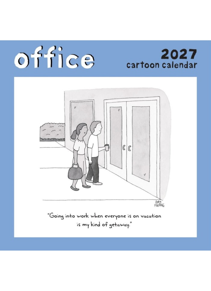 Front cover of New Yorker calendar - office with a cartoon with 2 people entering an office door.