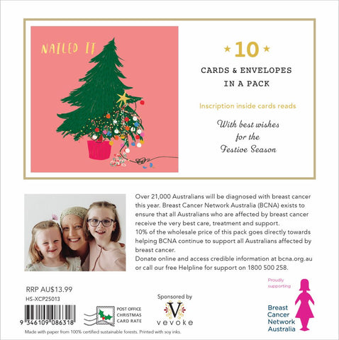 Product packaging with a Christmas tree card and promotional text for Breast Cancer Network Australia.