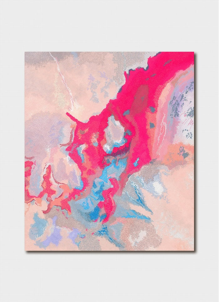 Abstract art print with pink, blue, and gray colors on a white background