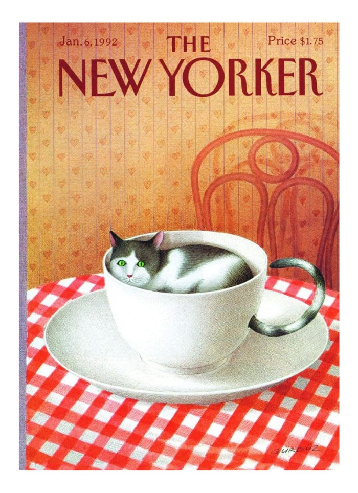 Cover of 'The New Yorker' magazine featuring a cat in a teacup on a checkered tablecloth.