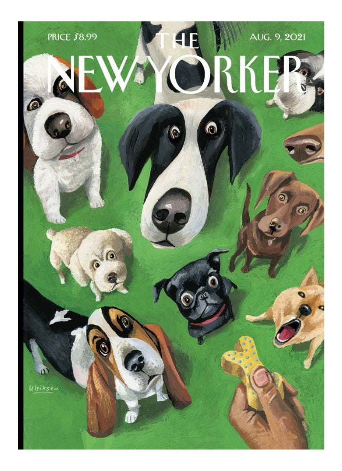 Cover of The New Yorker magazine featuring illustrations of dogs on a green background