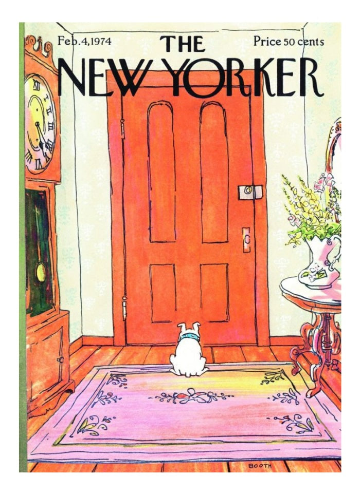 Cover of 'The New Yorker' magazine featuring a cartoon dog at a door.