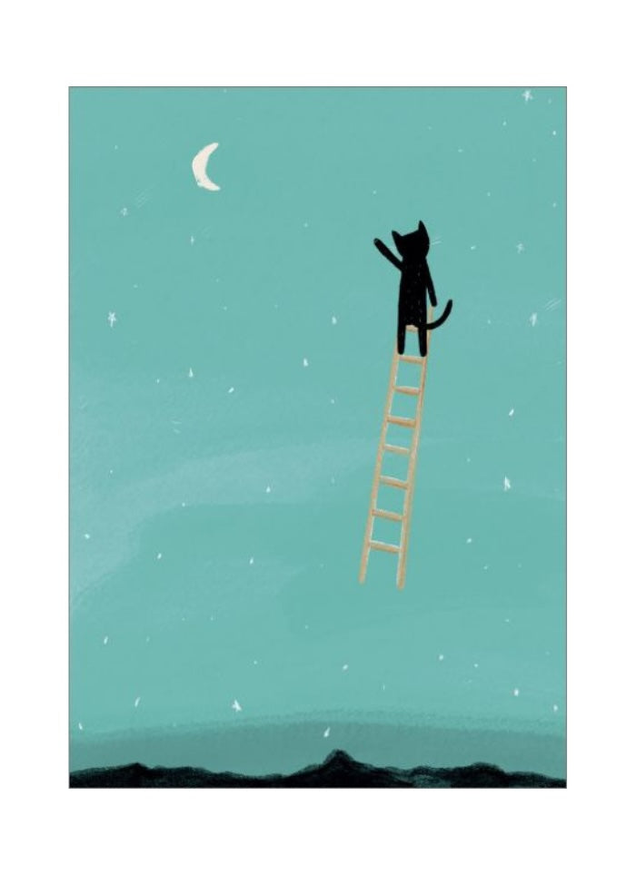 Silhouette of a cat on a ladder reaching for the moon against a starry night sky.