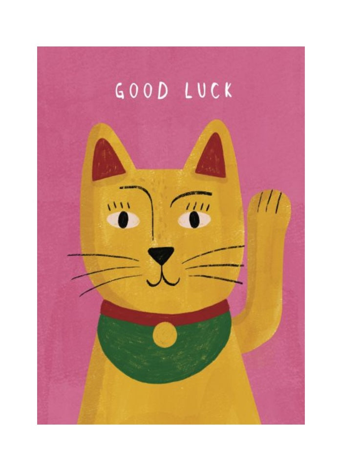 Pink card with yellow cat waving and saying Good Luck