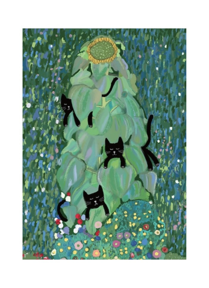 An artwork of a sunflower plant with black cats hiding in it in mainly green.