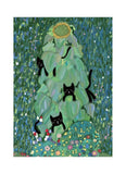 An artwork of a sunflower plant with black cats hiding in it in mainly green.