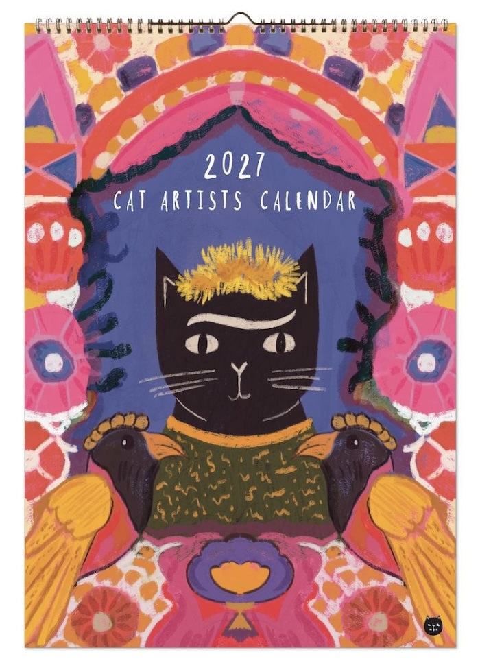 Calendar cover with a black cat with birds and a colourful surround